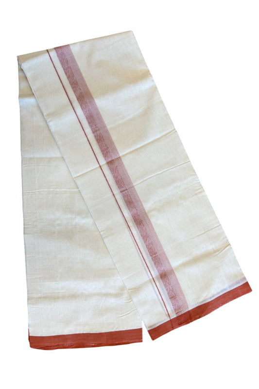 21% Discount KaithariKada HANDLOOM UNAKKUPAAV Balaramapuram - 100% PURE Cotton off White (Unbleached) Double Mundu/Dhoti - 2inch  Light Brown Shaded stripes kara - 114