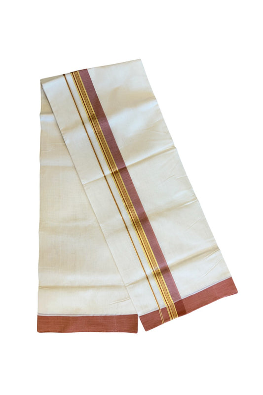 21% Discount KaithariKada HANDLOOM Unakkupaav Balaramapuram - 100% PURE Cotton Off White (Unbleached) Double Mundu/Dhoti - 2.5 inch  Kasavu & Brick Red Kara-218