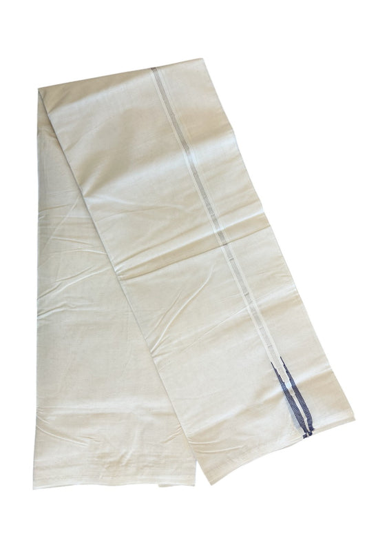 19% Discount New!! KaithariKada Balaramapuram 100% Cotton Double Off white - (Unbleached) - Mundu/Dhoti-100x100 - 1.5 cm Puliyilakkara Chutty Silver Kasavu 4 line & Dark Navy Blue Kara- 37