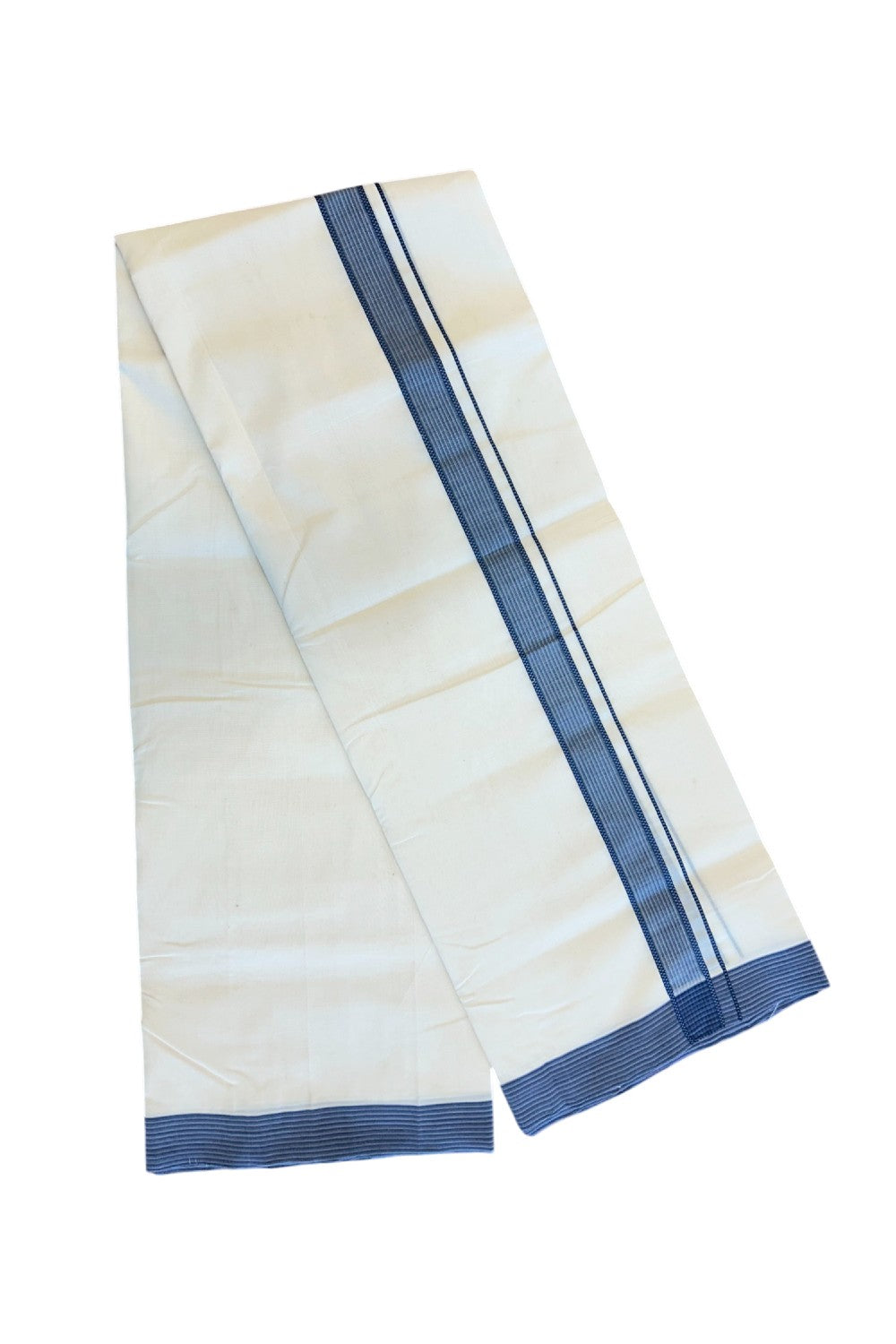 19% DISCOUNT!! KaithariKada HANDLOOM UNAKKUPAAV Balaramapuram - 100% PURE Cotton OFF White Double - (Unbleached) Mundu/Dothi - 1.75 inch Black & Navy Blue Stripes  Kara 3.82 meters - 13KK5049REA