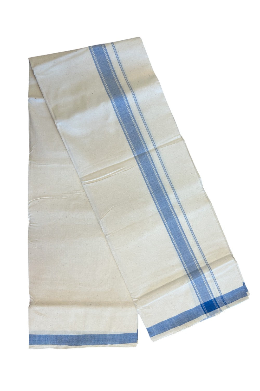 32% Discount KaithariKada 100% Cotton Balaramapuram HANDLOOM Single Mundu/Dhoti - Off White (Unbleached) 2 inch Blue Kara Stripes- 318