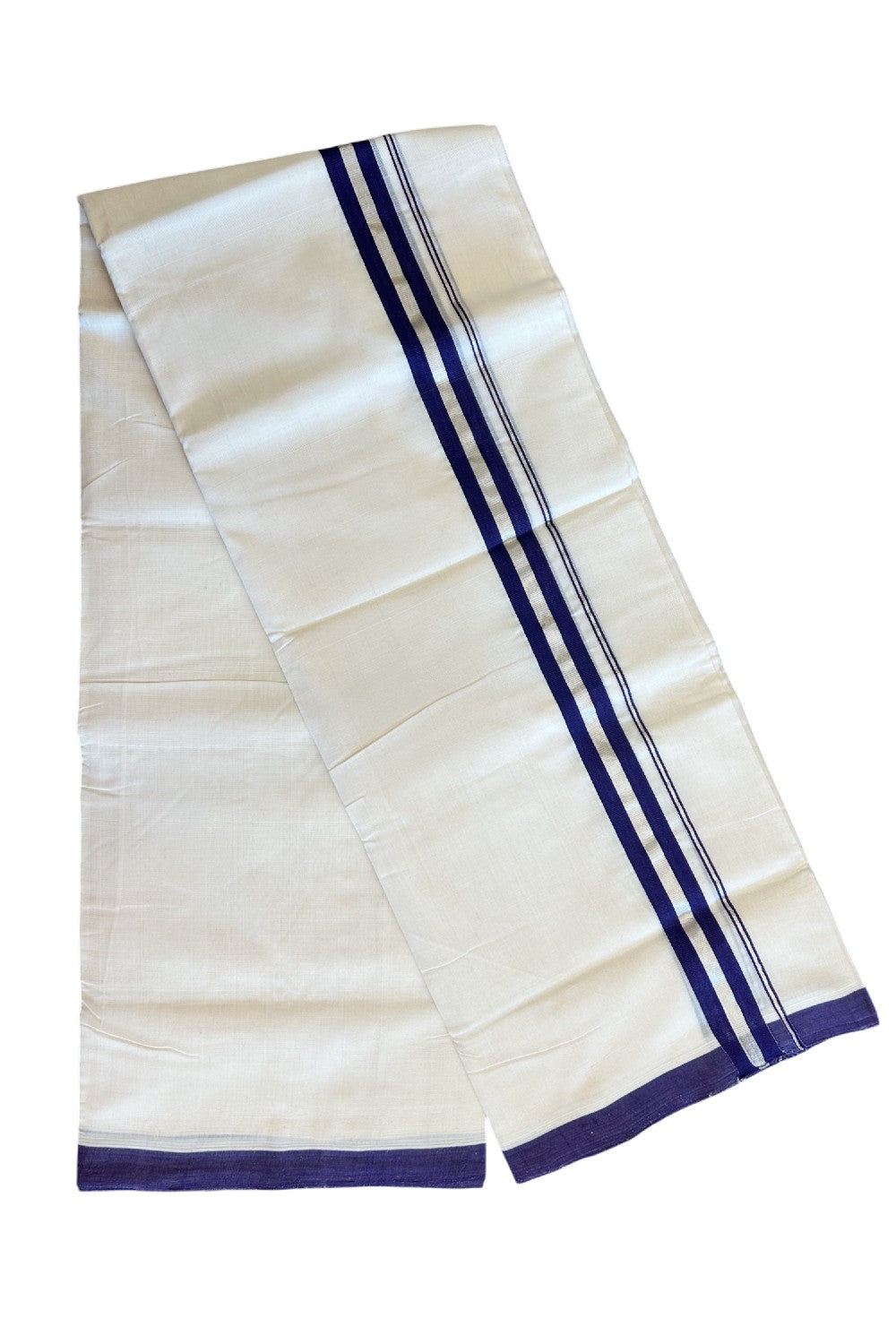 15% DISCOUNT! KaithariKada BALARAMAPURAM HANDLOOM UNAKKUPAAV - 100% PURE Cotton off white (Unbleached) Double Mundu/Dhoti - 1.75 inch Silver Kasavu & Violet+Blue Stripes Kara-67