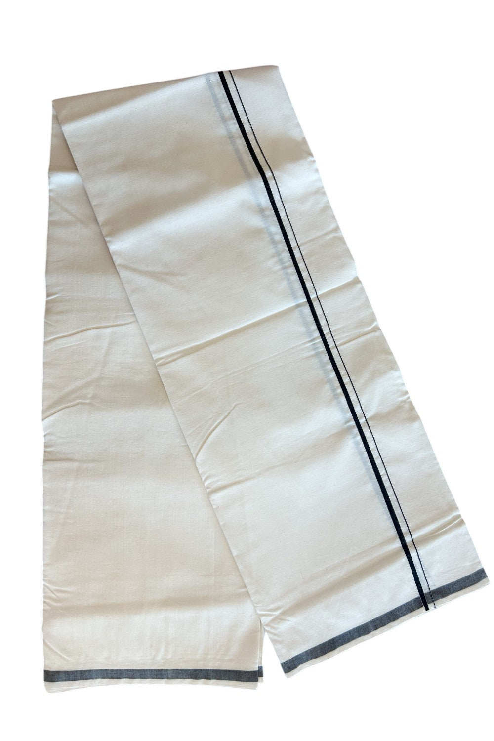 SIGNATURE KAITHARIKADA EXCLUSIVE SINGLE DHOTI - 100% Cotton Balaramapuram HANDLOOM Single Mundu/Dhoti - Off White - (Unbleached) 1.5 cm BLACK Kara - 13KK5065KK