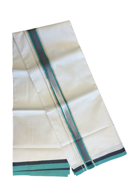 19% Discount!!! KaithariKada Balaramapuram  PURE WHITE Double Mundu/Dhoti - 80X90 - 2 inch Silver kasavu  Turquoise green & Black shaded kara 3.85 meters - 13KK5058GUN