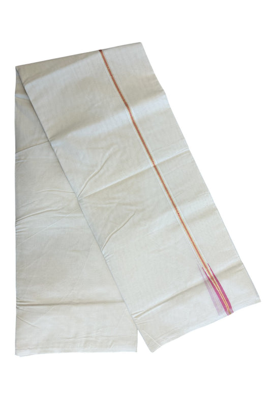 10% DISCOUNT! KaithariKada Balaramapuram 100% Cotton Double Off white (Unbleached) Mundu/Dhoti-100x100 Chutty Puliyilakkara Muthukuri Kasavu & Pink 1.5 cm  Kara- ASH021.