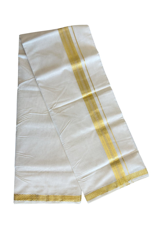 18 % DISCOUNT ! KaithariKada HANDLOOM Unakkupaav Balaramapuram - 100% PURE Cotton Off White (Unbleached) Double Mundu/Dhoti - KASAVU & 2inch  STRIPES  KARA -2.