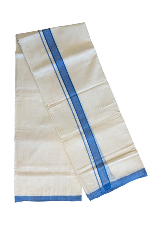 15% DISCOUNT! KaithariKada BALARAMAPURAM HANDLOOM Unakkupaav- 100% PURE Cotton 100x100 Double Mundu/Dhoti OFF WHITE (Unbleached) 3.8 mtr - Blue Kara