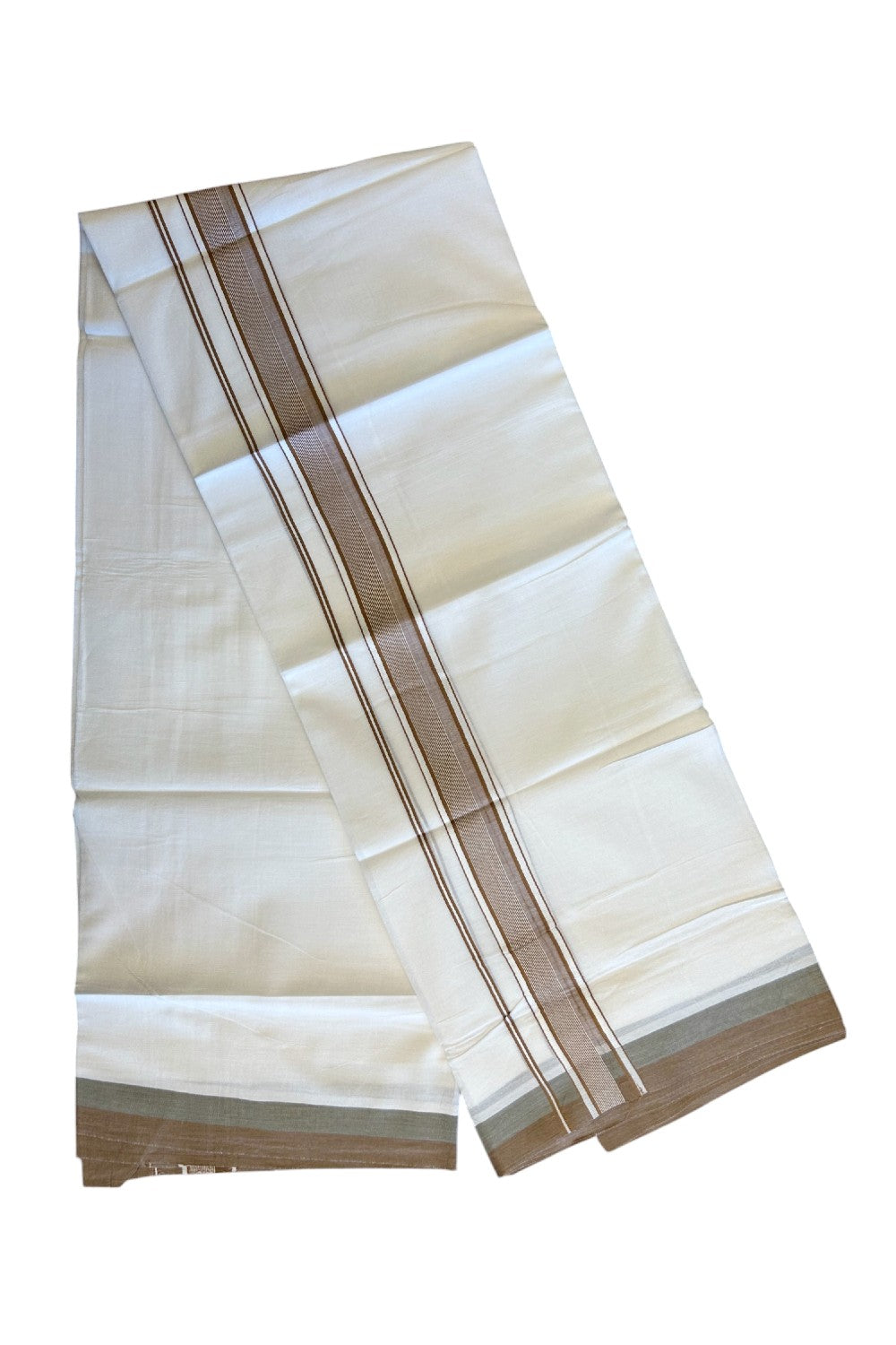 21% DISCOUNT!! Kaitharikada Balaramapuram 100% Cotton Ultra WHITE Double Mundu/Dothi-100x80 2.15 Inch Forest Sage And Brown Striped Cotton Kara - 13KK5067KK