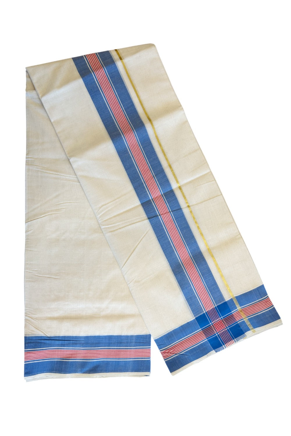 15% DISCOUNT!! KaithariKada HANDLOOM UNAKKUPAAV Balaramapuram - 100% PURE Cotton OFF WHITE - (Unbleached) Double Mundu/Dhoti -  3.inch BLUE + RED Stripes &  Kasavu-KK52SOM-3.