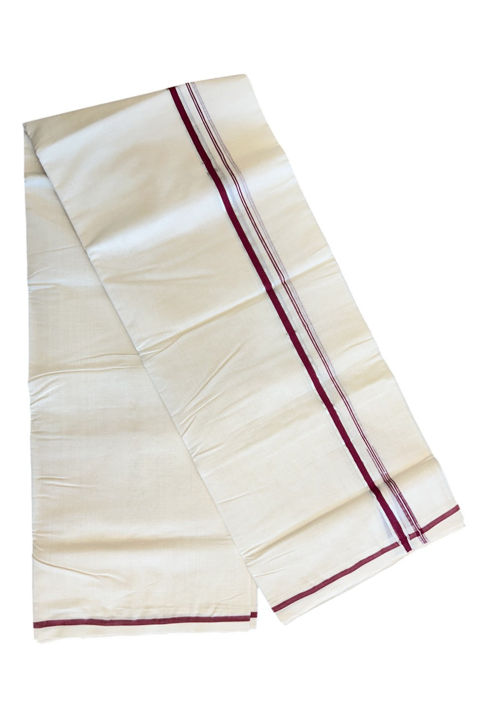 21% DISCOUNT!! KaithariKada HANDLOOM Millpaav Balaramapuram - 100% PURE Cotton Off White (Unbleached) - 100x100 Double Mundu/Dhoti - Puliyilakkara Chutty Silver Kasavu Maroon Kara - 10KK114ASH