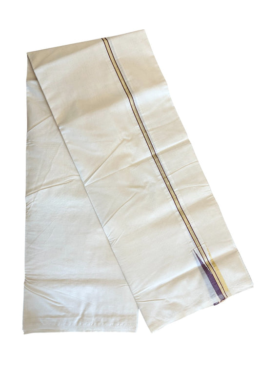 21% DISCOUNT! KaithariKada Balaramapuram 100% Cotton Double Off white - (Unbleached) Mundu/Dhoti-100x100 KASAVU & DARK PURPLE Chutty Puliyilakkara - 3KK136ASH