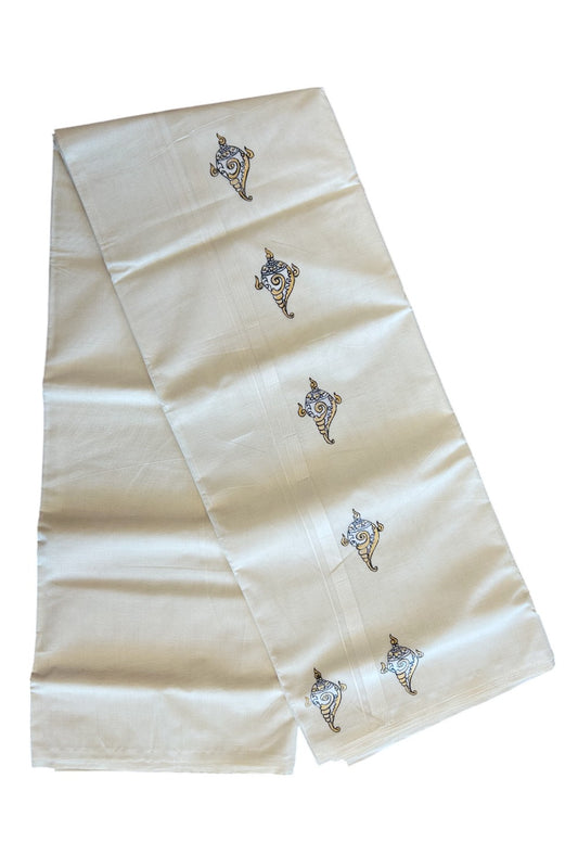 KaithariKada Balaramapuram 100% Cotton Double Off white - (Unbleached) Mundu/Dhoti-100x80 - 1 inch Hand Painted  Mural Design Kara - 13KK5083ASH