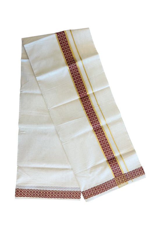 30% Discount!!! KaithariKada HANDLOOM UNAKKUPAAV Balaramapuram - 100% PURE Cotton off white (Unbleached) 100x100 - Double Mundu/Dhoti - 2.75 inch Kasavu & Maroon pattern kara - 12KK5096YAR