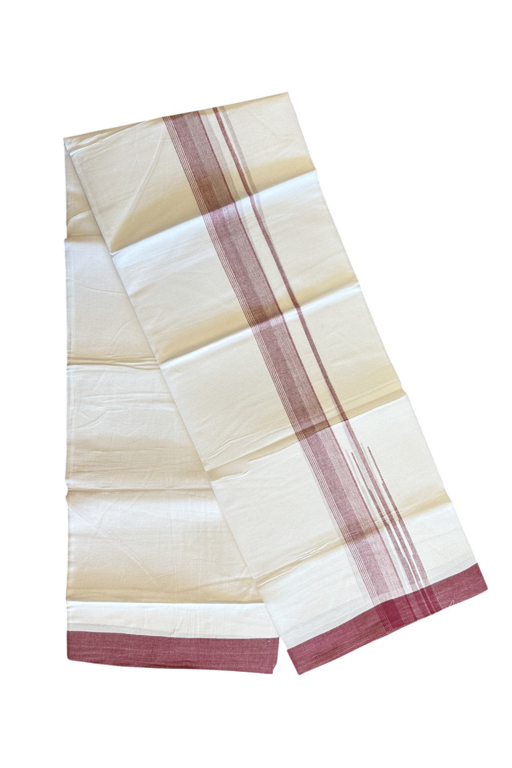 25% DISCOUNT!!! KaithariKada Balaramapuram 100% Cotton Double PURE white Mundu/Dhoti - 80X80 - 1.75 Inch Maroon & White shades Chutty kara - 13KK5108GAN