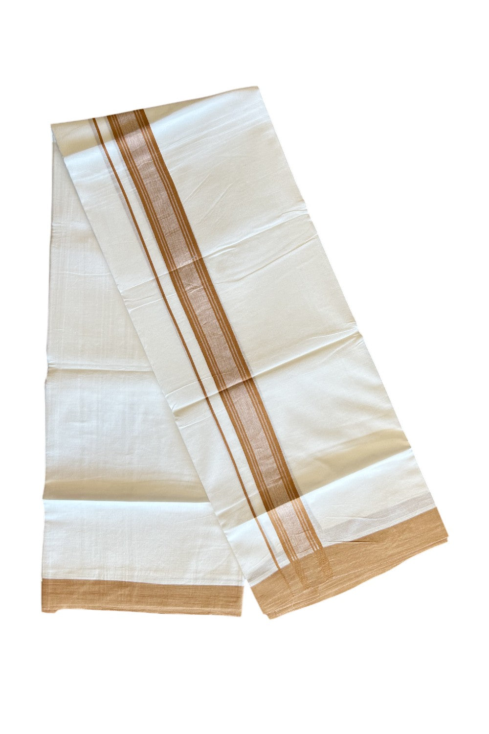 20% DISCOUNT!! KaithariKada Balaramapuram 100% Cotton PURE WHITE Double Mundu/Dhoti - 100x80 - 1.75 inch & 45 Inch Height Bronze Orange Shaded striped kara - 13KK5109THI