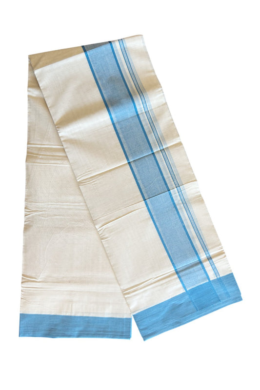 19% DISCOUNT! KaithariKada Balaramapuram 100% Cotton  Off white (Unbleached) Double Mundu/Dhoti-100x100 2.5inch Light Blue kara - 13KK5110THI