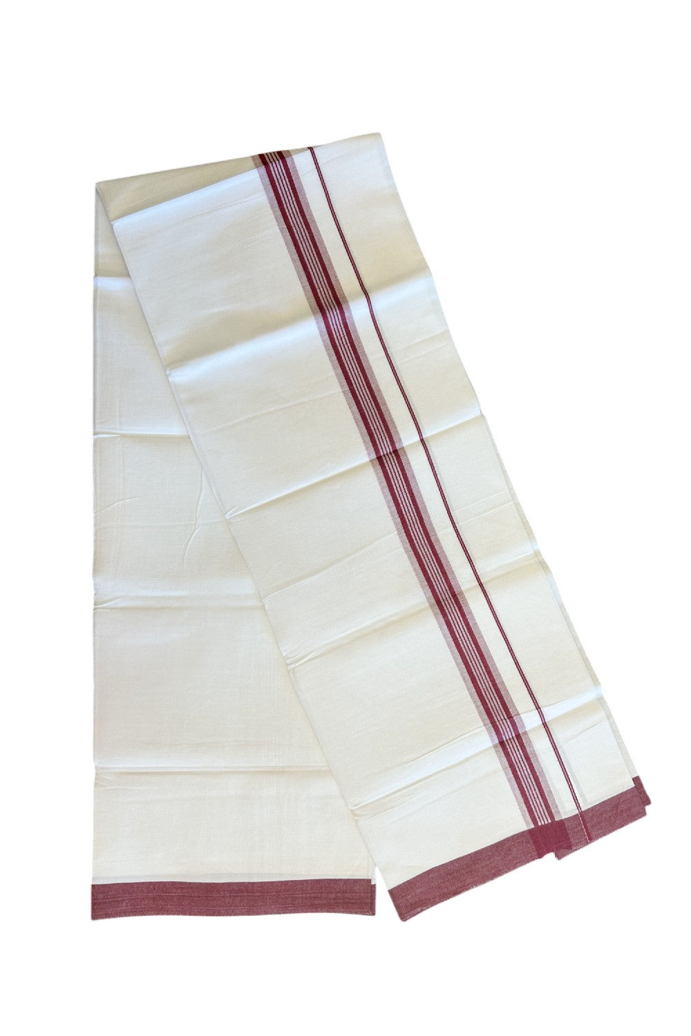 8% DISCOUNT ! KaithariKada Balaramapuram 100% Cotton Pure white Single Mundu/Dhoti - (40S) - 1.75  inch Light Maroon Striped  Kara (2 meter / 4 muzham) - 13KK5115THI.