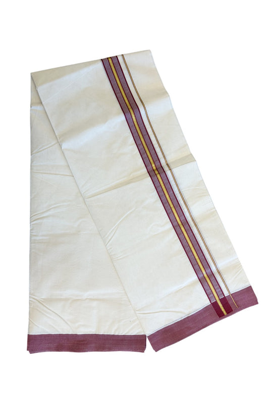 19% Discount !! KaithariKada - 100% PURE Cotton OFF White Double - (Unbleached) Mundu/Dothi -100x100 - 2 inch Maroon & Kasavu Striped Kara 4.50 Meters - 13KK5133ASH