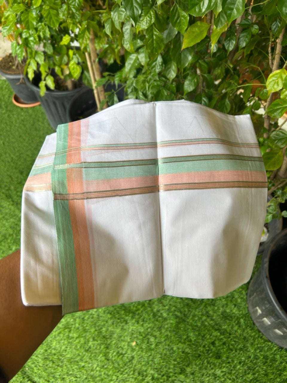 21% Discount !! KaithariKada Balaramapuram Double PURE WHITE Mundu/Dhoti- 100x80 - 1.75 inch Peach Green Kara Silver Striped kara - 13KK5143PMC