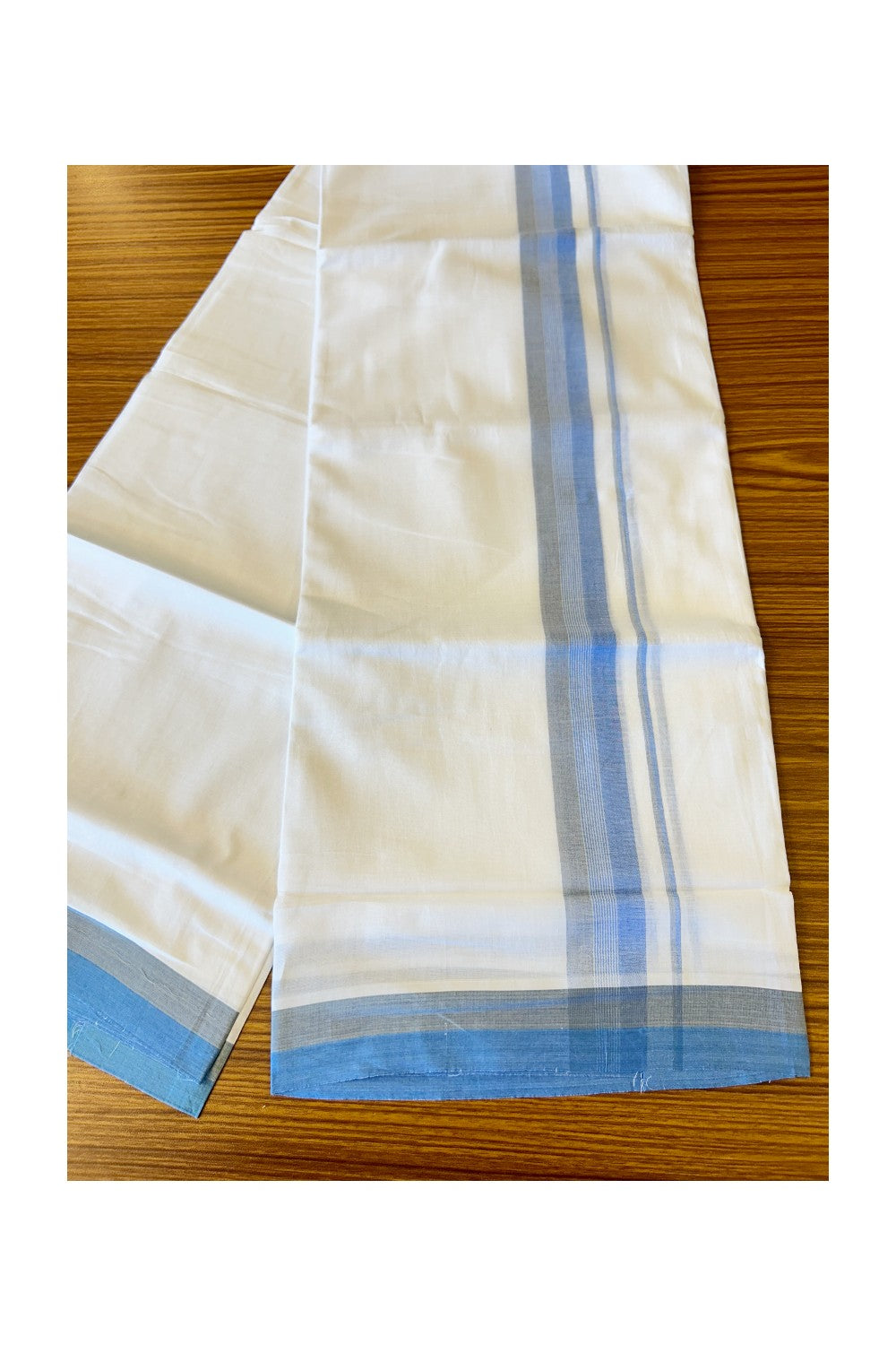 24% DISCOUNT!! Kaitharikada Balaramapuram 100% Cotton Ultra WHITE Double Mundu./Dothi-100x80   2 Inch BLUE+GRAY Striped  Cotton Kara -13KK61VAS