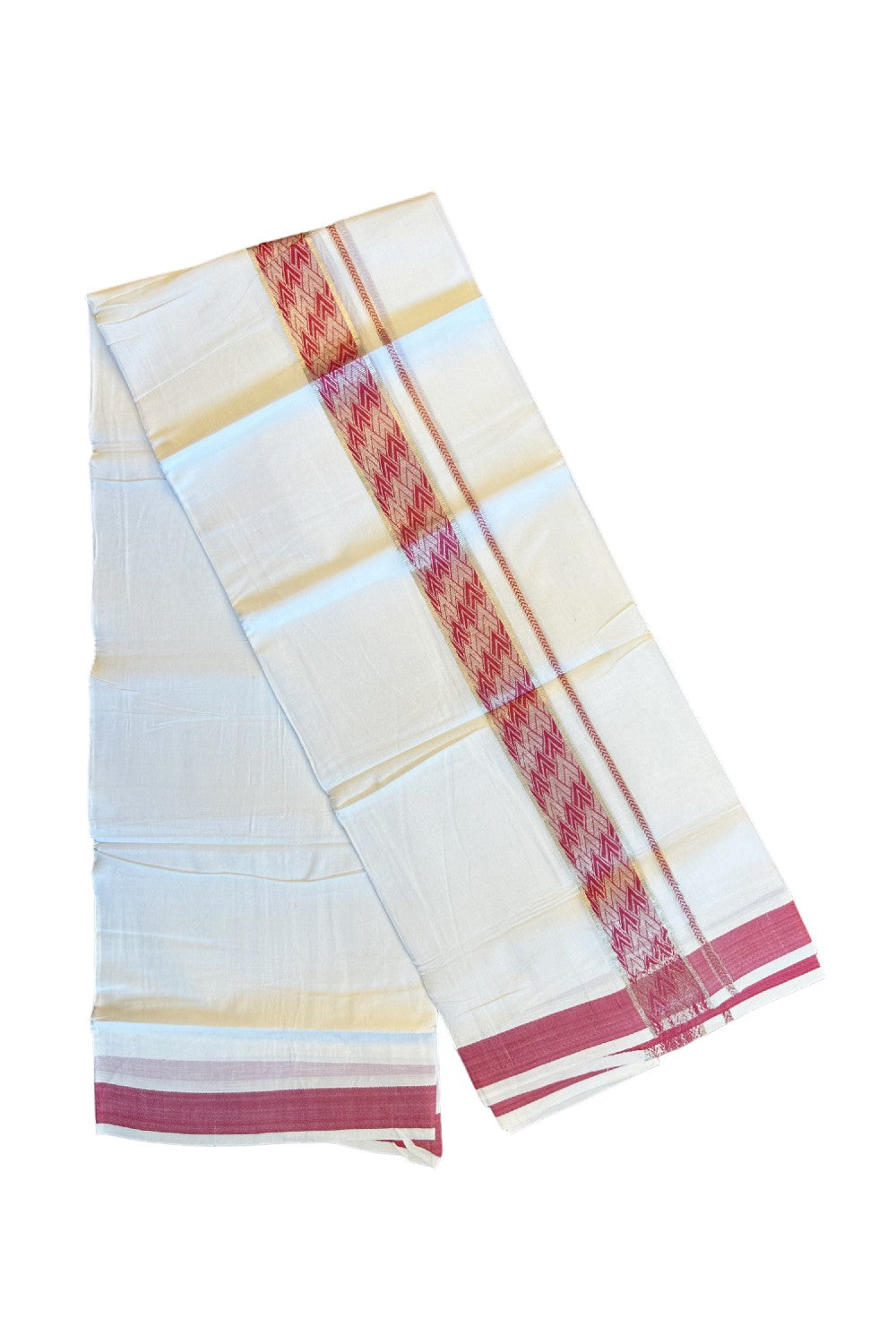 20% DISCOUNT! KaithariKada Balaramapuram 100% Cotton Double PURE white Mundu/Dhoti-100x100   2.5 Inch Silver kasavu dark pink pattern Kara  - 13KK79PMC