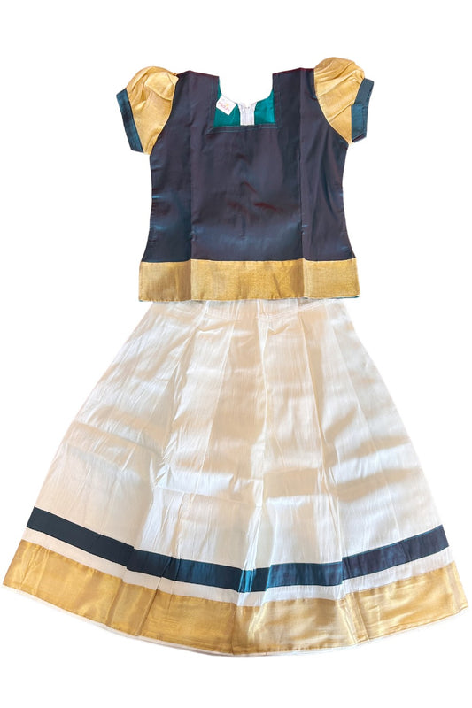 Midukki-Traditional South Indian Kids Pattu Pavada- Dark green top offwhite skirt with kasavu- Age 7 - KK7MID0013