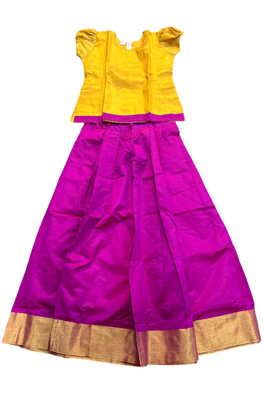 Midukki-Traditional South Indian Kids Pattu Pavada- Yellow tissue top magenta skirt - Age 15&16 - KK15&16MID0013