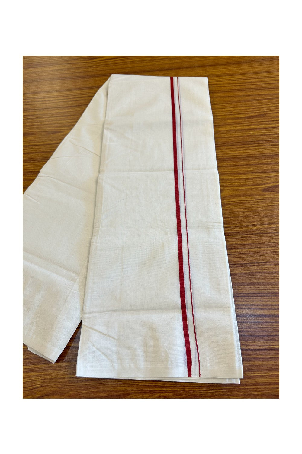 18% DISCOUNT ! KaithariKada Balaramapuram 100% Cotton Double Off white Mundu/Dhoti-100X100- 2. cm Red Kara.- 13KK417ASH