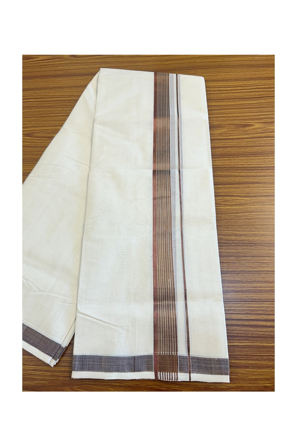 15% DISCOUNT!! KaithariKada HANDLOOM Millpaav Balaramapuram - 100% PURE Cotton OFF White - (Unbleached) Double Mundu/Dothi - 2.25 inch Brown & kasavu striped kara - 13KK453RAM