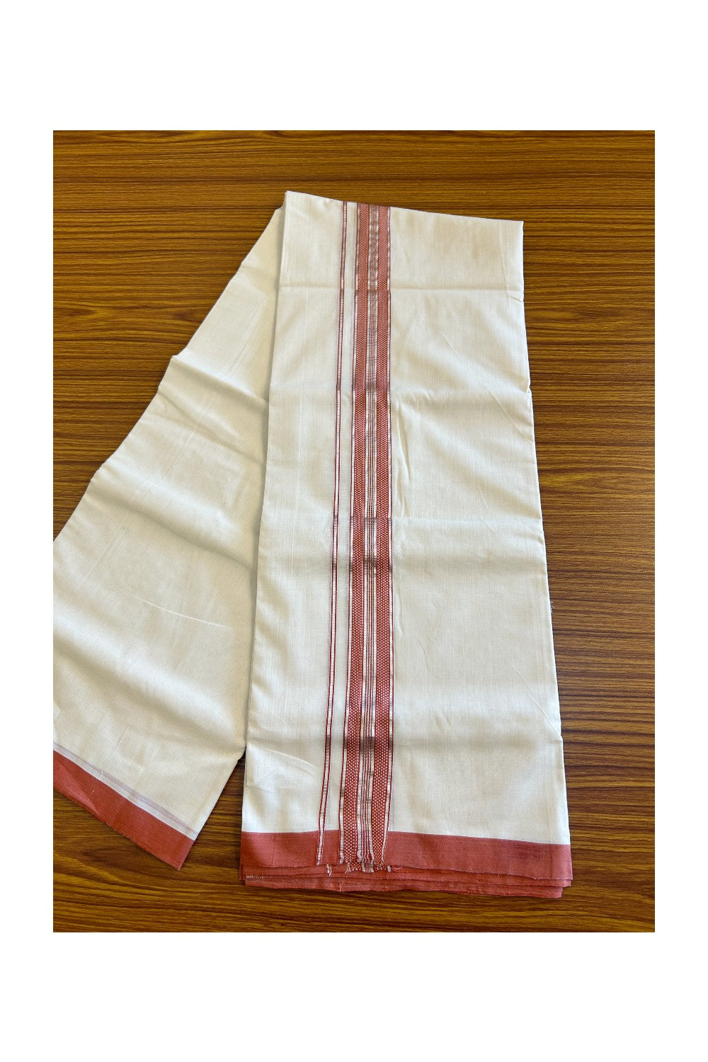 15% Discount!!! KaithariKada HANDLOOM UNAKKUPAAV Balaramapuram - 100% PURE Cotton off white (Unbleached) Double Mundu/Dhoti - 2 inch Brick red & silver kasavu pattern kara - 13KK458SOM