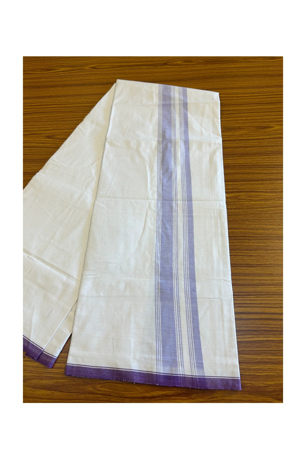 Ultimate HANDLOOM-19% Discount! - Kaitharikada Kalamachal-Government Sealed HALLMARKED-100% PURE COTTON! (80x80) Twisted Thread- Light WHITE SINGLE Mundu / Dhoti - 2.75 inch Violet Striped Kara - 13KK478KAL