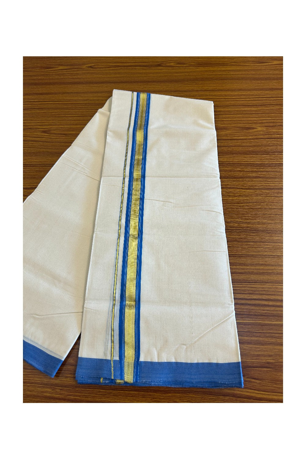 21% Discount KaithariKada Balaramapuram Handloom 100% Cotton Double Off white Mundu/Dhoti-100X100- 2 inch Gold Kasavu & Blue Kara.- 13KK498KK