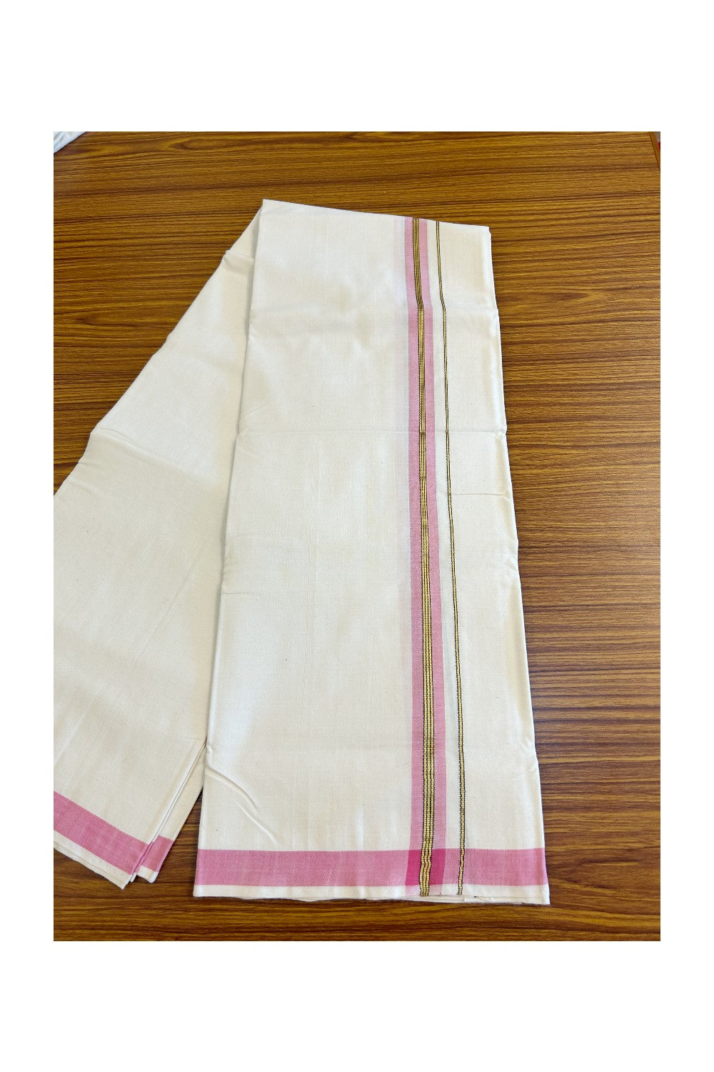 32% Discount KaithariKada 100% Cotton Balaramapuram HANDLOOM Single Mundu/Dhoti - Off White - (Unbleached) 1.5 inch Kasavu & Pink Striped Kara  - 13KK499KK