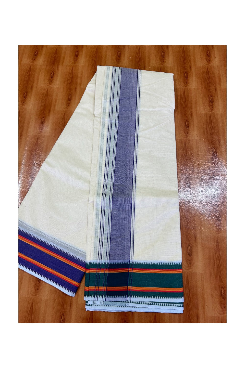 37% DISCOUNT! KaithariKada 100% Cotton Off White - (Unbleached) - Pure Cotton -100x100 thread - NORTH INDIAN - ATTACHED GAMCHA 10x6 Dhoti Violet kara with Violet Green & Orange Striped border - 13KK5004PMC