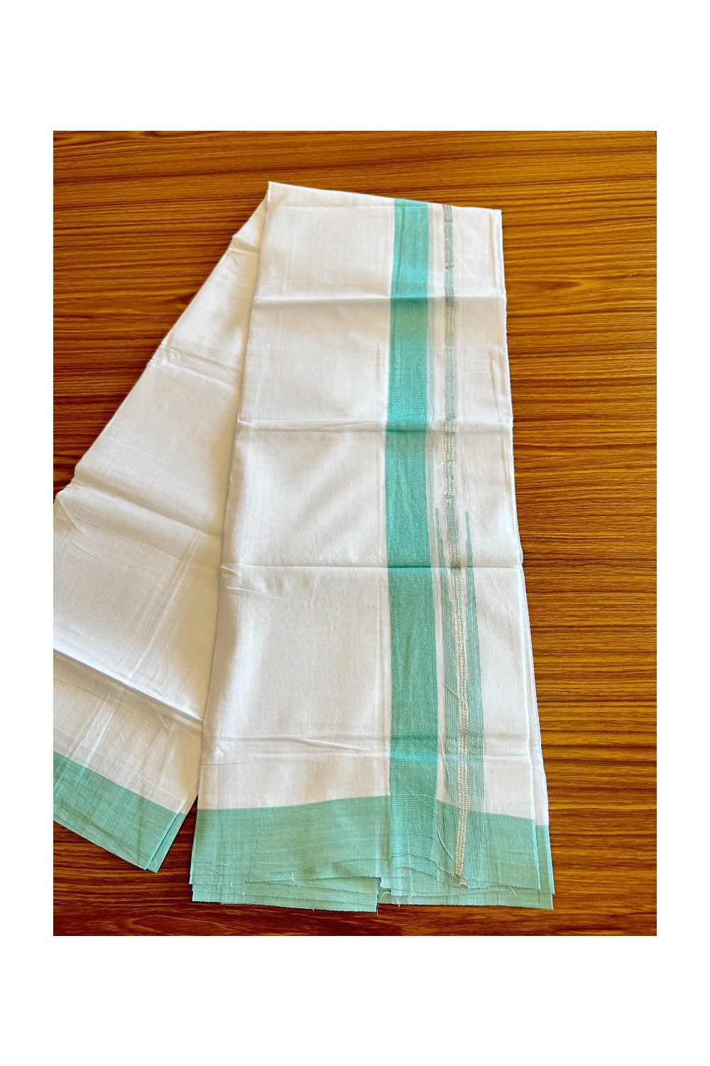 Kaitharikada  Balaramapuram 100% Pure Cotton PURE WHITE Double Mundu/Dothi - 80x92 - 1.5 Inch Aquamarine Green & Silver Chutty kara - 13KK5022VAN