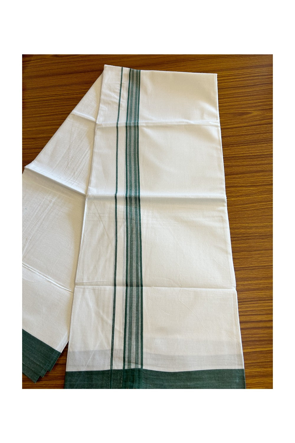 8% Discount ! Kaitharikada Balaramapuram 100% Cotton PURE WHITE SINGLE Mundu/Dothi- 1.75 inch Dark Green Striped Kara - 13KK5032GAN