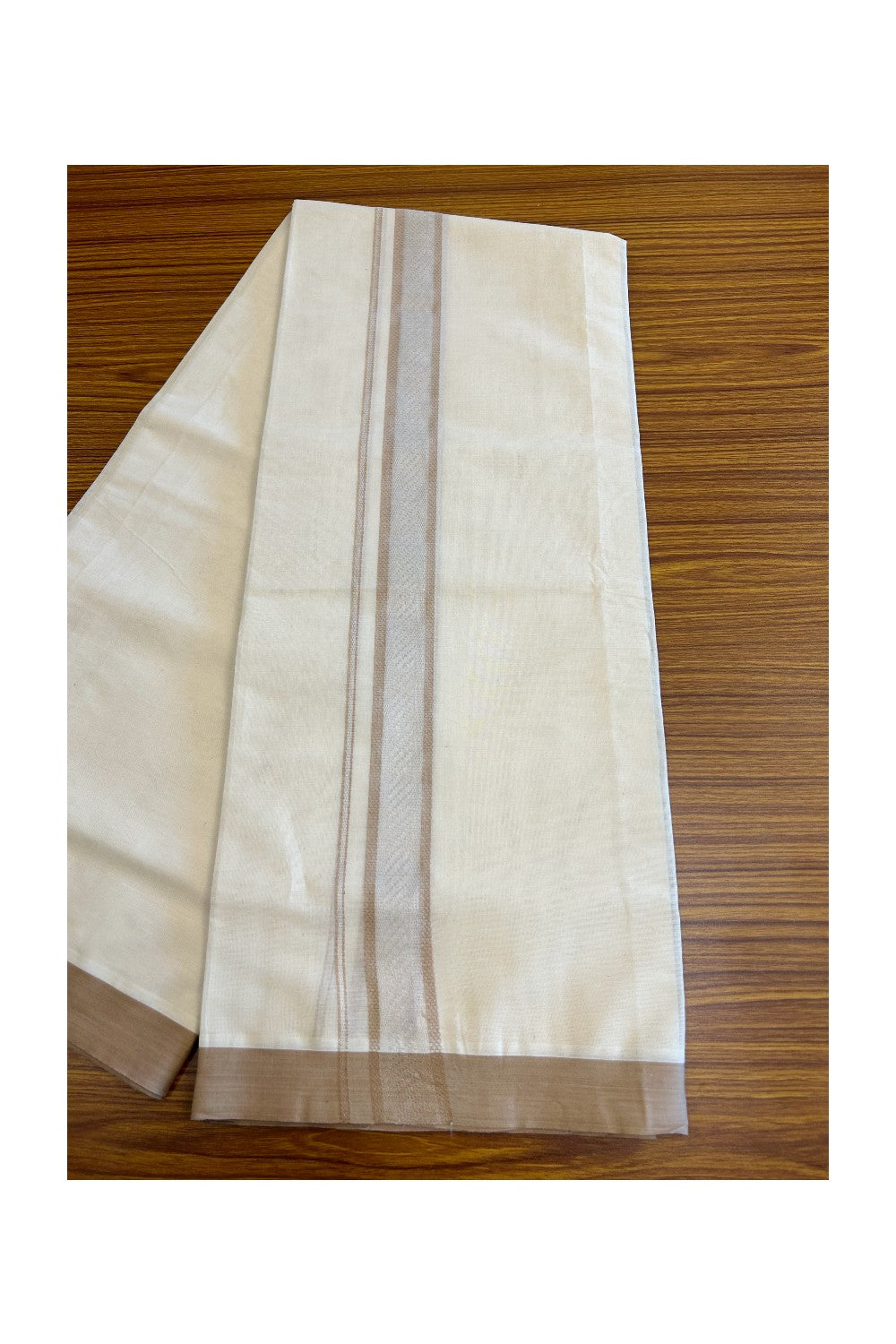 5% Discount!!! KaithariKada Balaramapuram  Double Off white - (Unbleached) Mundu/Dhoti - 80X90 - 2 inch SILVER  KASAVU & Peanut brown pattern Kara - 13KK5037KAI