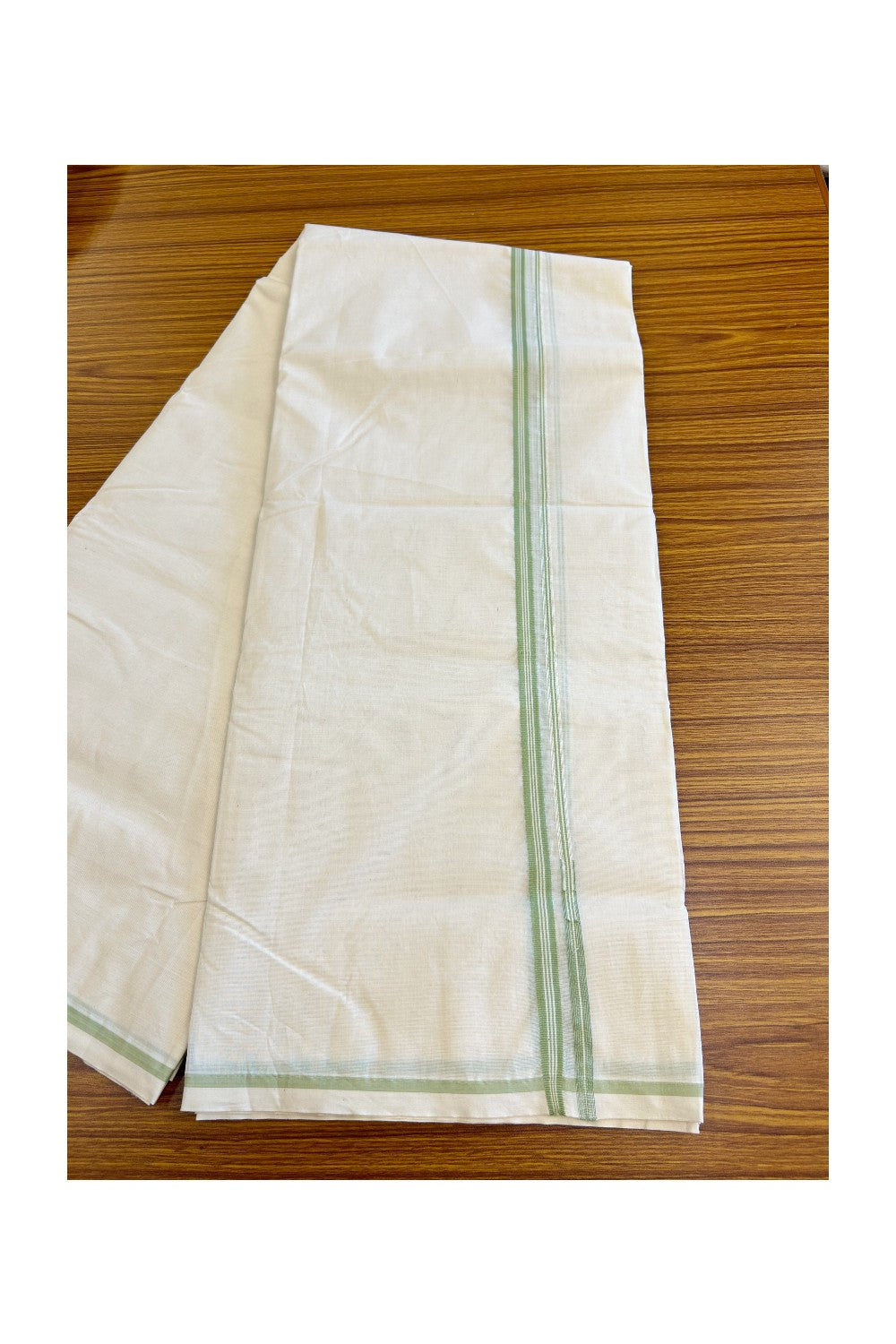 24% Discount !! KaithariKada Balaramapuram 100% Cotton Double Off white - (Unbleached) Mundu/Dhoti-100x100 - 1cm Puliyilakkara Light Green Striped Chutty Kara (10 Muzham)- 13KK5045ASH