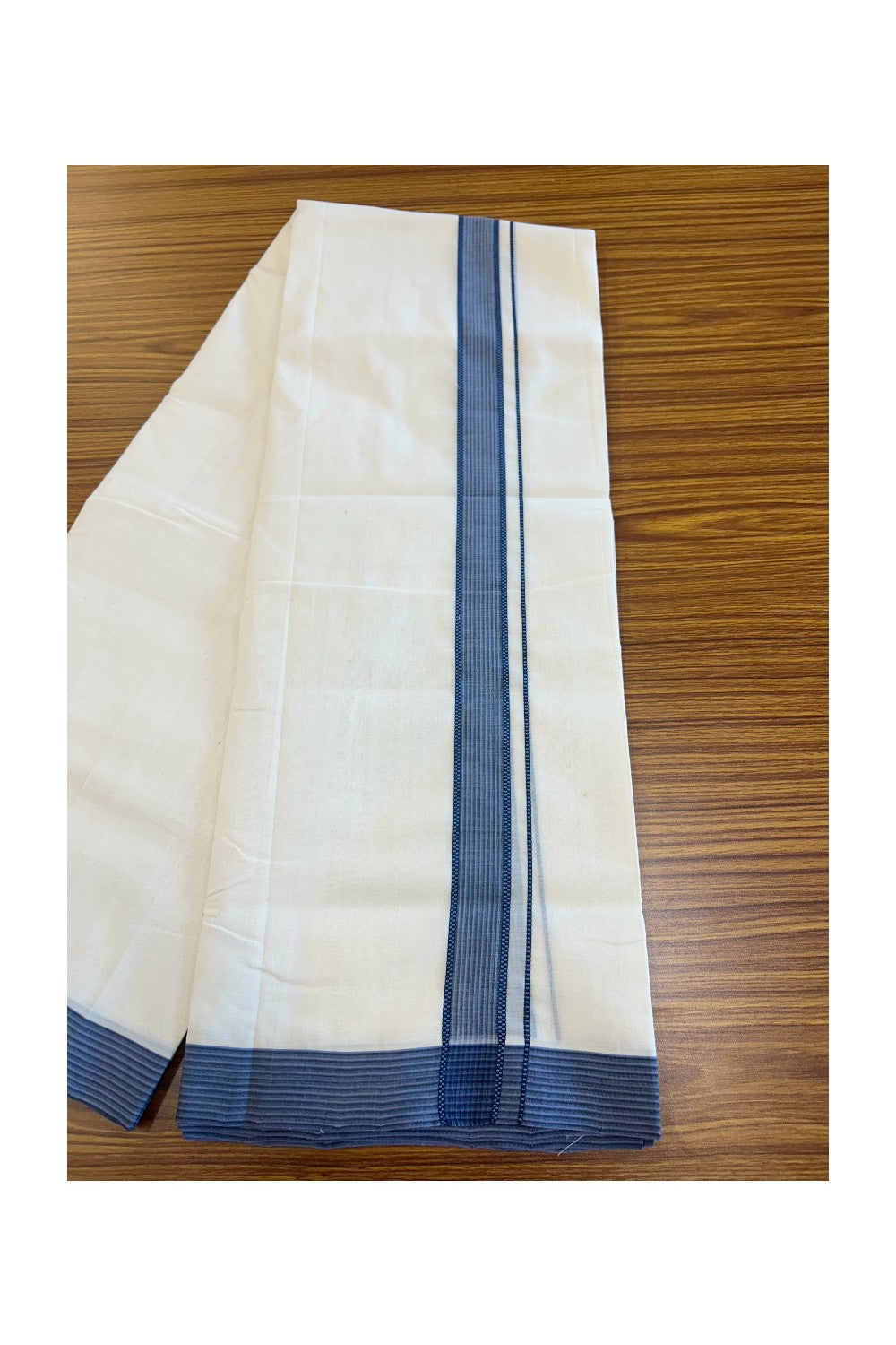 19% DISCOUNT!! KaithariKada HANDLOOM UNAKKUPAAV Balaramapuram - 100% PURE Cotton OFF White Double - (Unbleached) Mundu/Dothi - 1.75 inch Black & Navy Blue Stripes  Kara 3.82 meters - 13KK5049REA