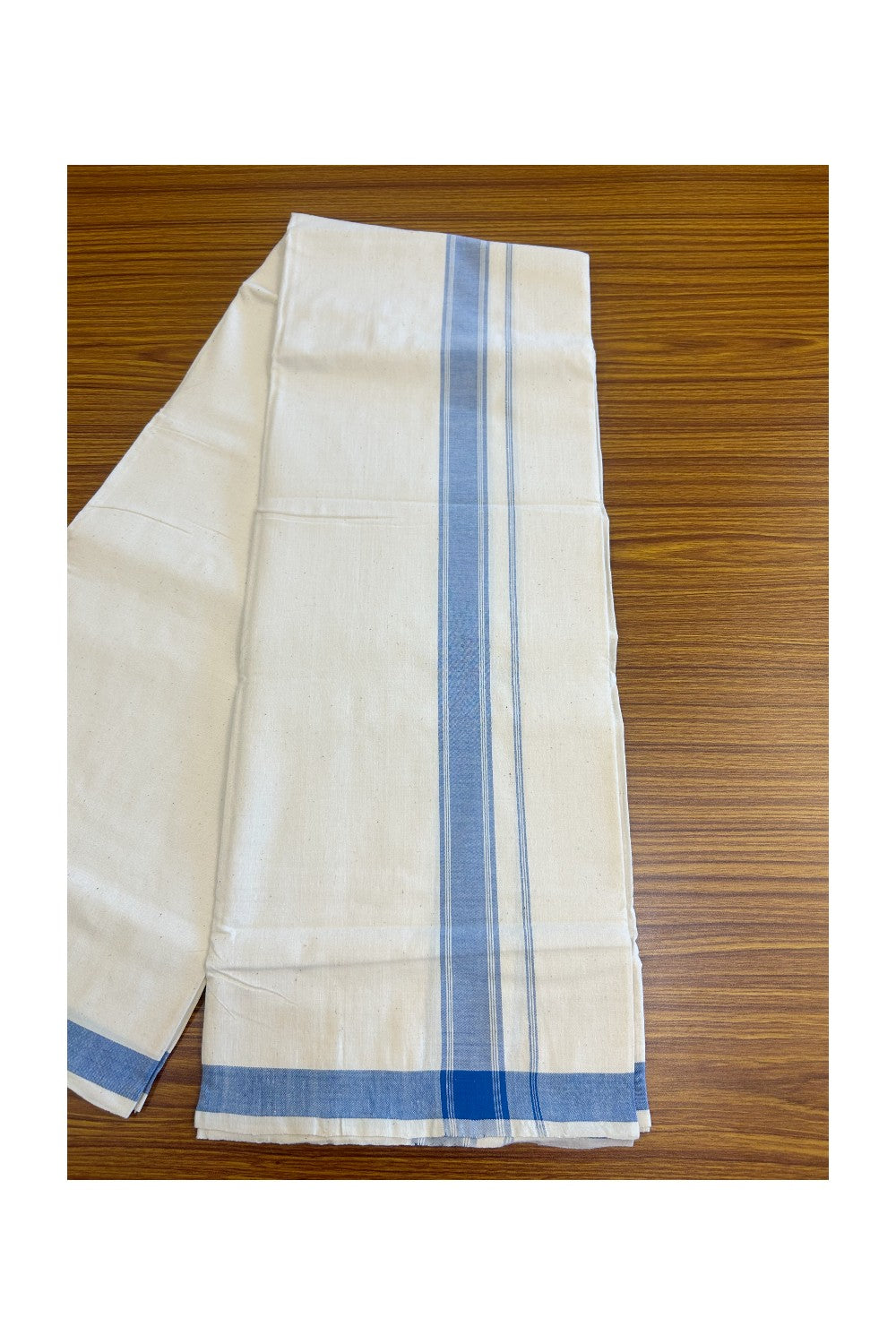 32% Discount KaithariKada 100% Cotton Balaramapuram HANDLOOM Single Mundu/Dhoti - Off White (Unbleached) 2 inch Blue Kara Stripes- 318