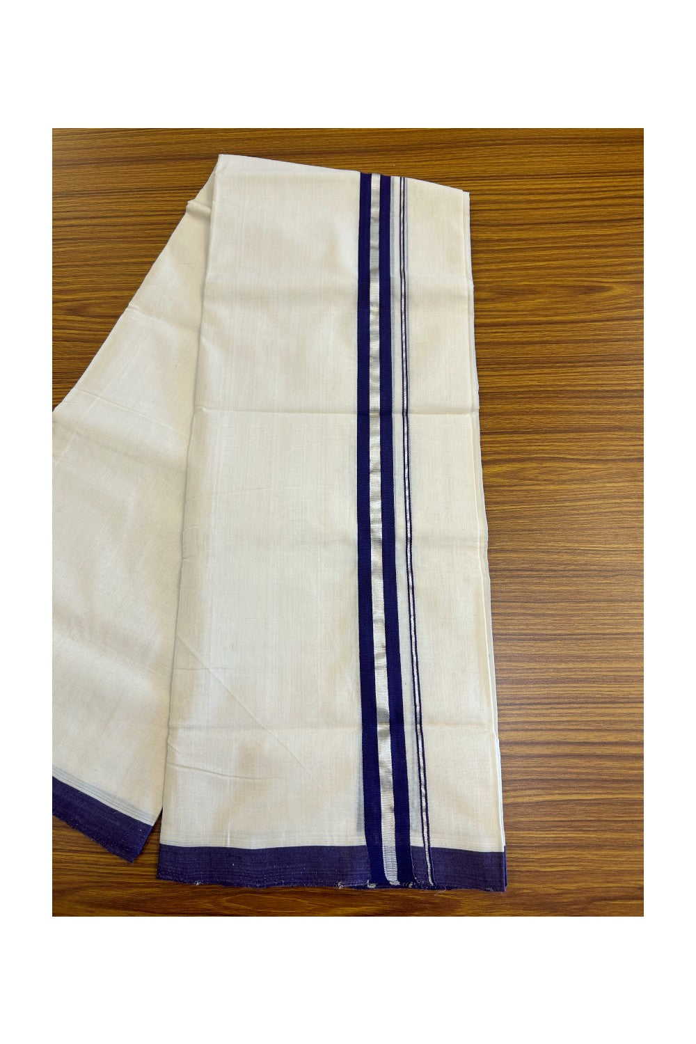 15% DISCOUNT! KaithariKada BALARAMAPURAM HANDLOOM UNAKKUPAAV - 100% PURE Cotton off white (Unbleached) Double Mundu/Dhoti - 1.75 inch Silver Kasavu & Violet+Blue Stripes Kara-67