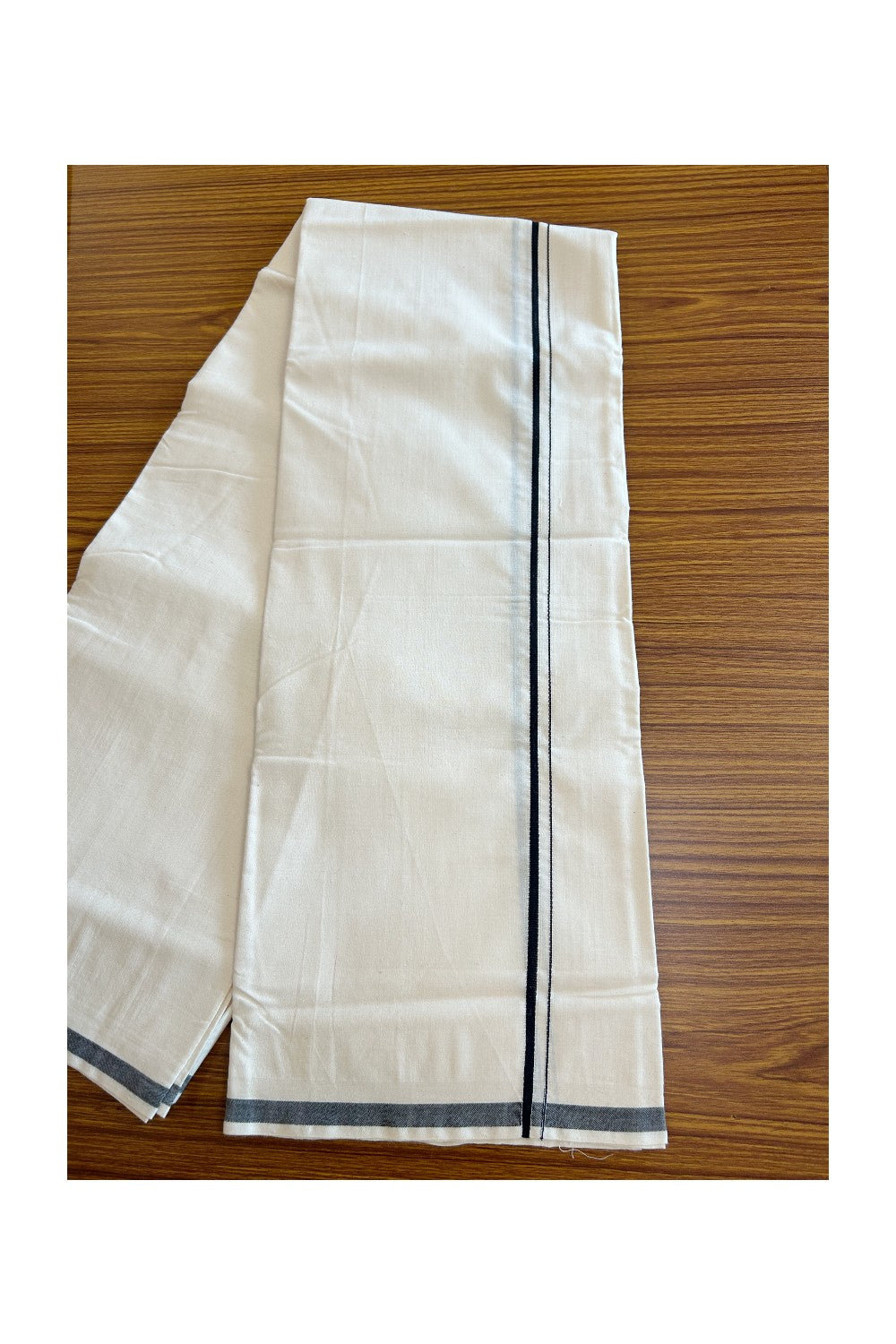 SIGNATURE KAITHARIKADA EXCLUSIVE SINGLE DHOTI - 100% Cotton Balaramapuram HANDLOOM Single Mundu/Dhoti - Off White - (Unbleached) 1.5 cm BLACK Kara - 13KK5065KK