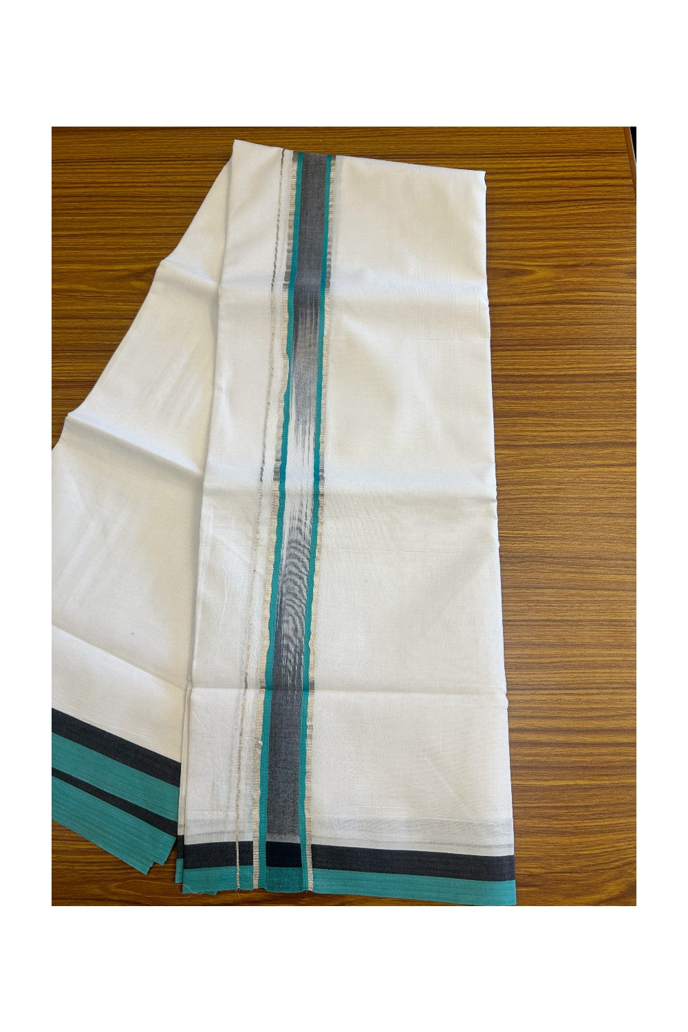 19% Discount!!! KaithariKada Balaramapuram  PURE WHITE Double Mundu/Dhoti - 80X90 - 2 inch Silver kasavu  Turquoise green & Black shaded kara 3.85 meters - 13KK5058GUN