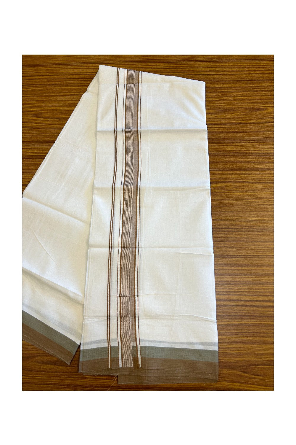 21% DISCOUNT!! Kaitharikada Balaramapuram 100% Cotton Ultra WHITE Double Mundu/Dothi-100x80 2.15 Inch Forest Sage And Brown Striped Cotton Kara - 13KK5067KK