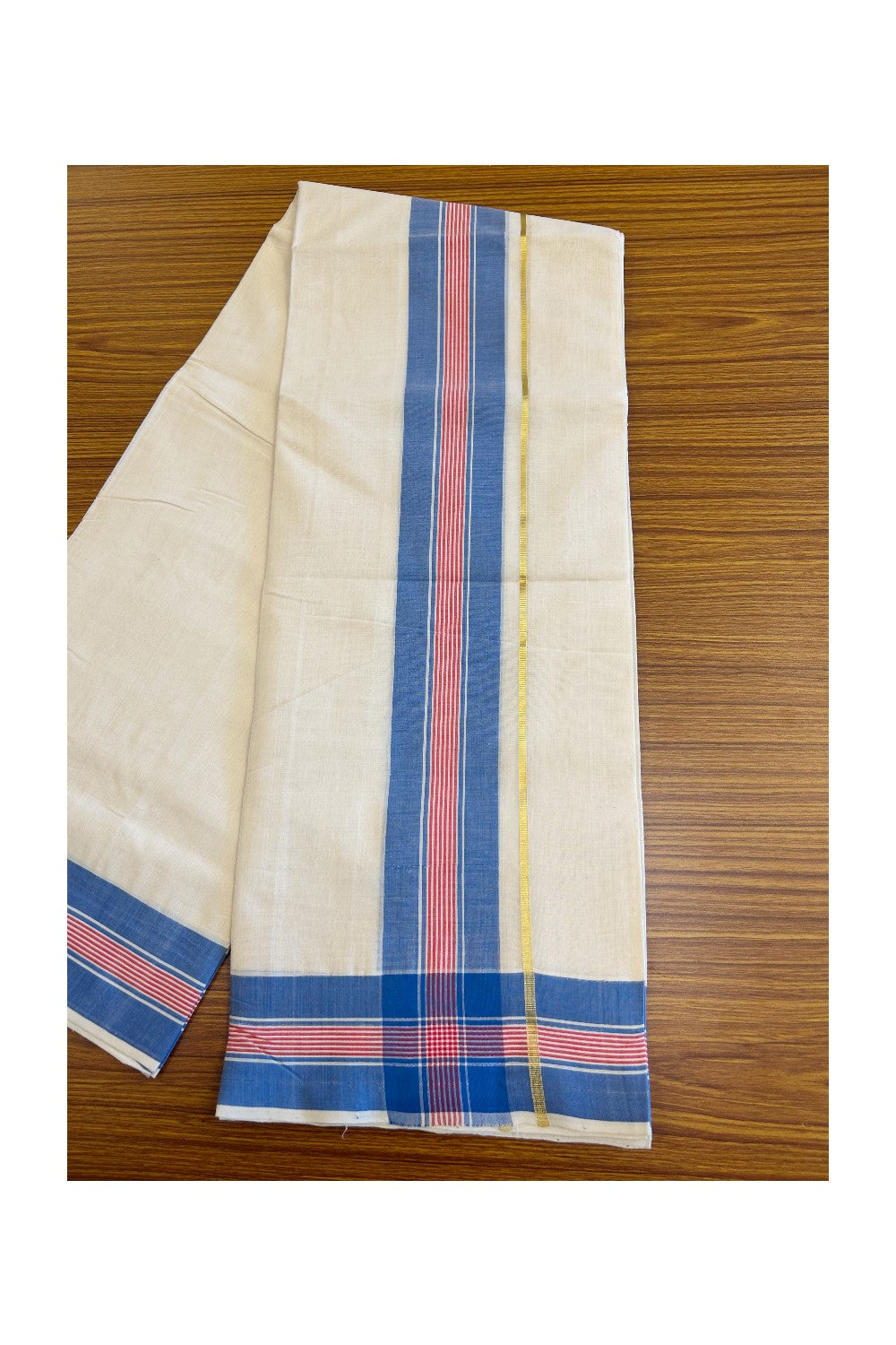 15% DISCOUNT!! KaithariKada HANDLOOM UNAKKUPAAV Balaramapuram - 100% PURE Cotton OFF WHITE - (Unbleached) Double Mundu/Dhoti -  3.inch BLUE + RED Stripes &  Kasavu-KK52SOM-3.