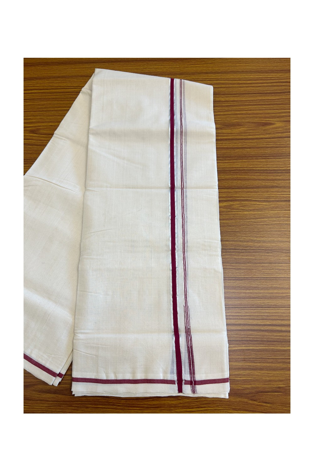 21% DISCOUNT!! KaithariKada HANDLOOM Millpaav Balaramapuram - 100% PURE Cotton Off White (Unbleached) - 100x100 Double Mundu/Dhoti - Puliyilakkara Chutty Silver Kasavu Maroon Kara - 10KK114ASH