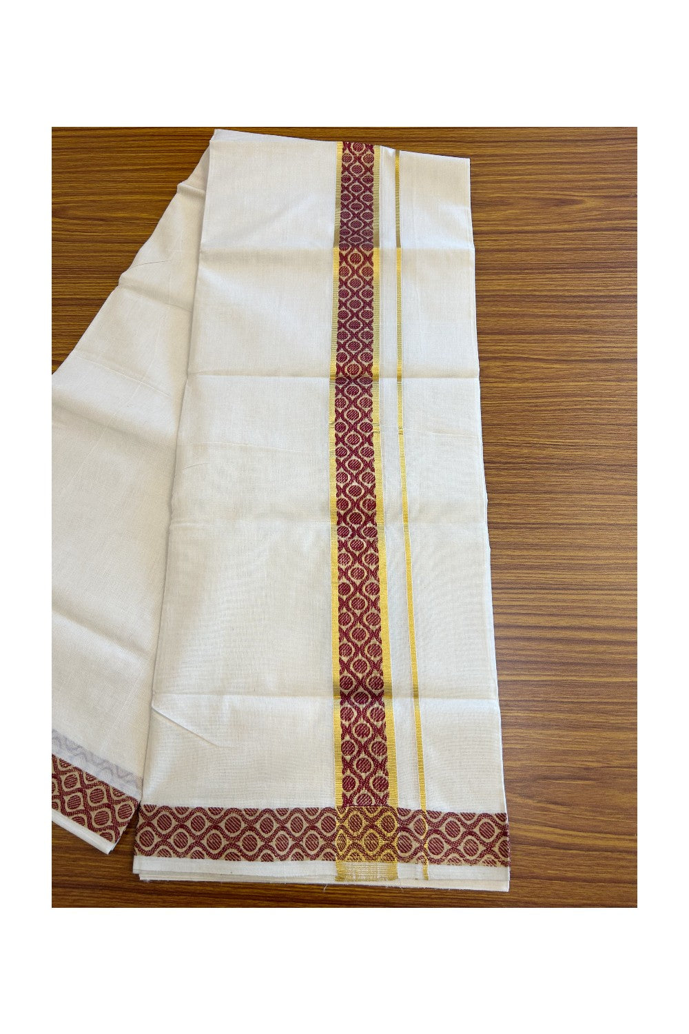 30% Discount!!! KaithariKada HANDLOOM UNAKKUPAAV Balaramapuram - 100% PURE Cotton off white (Unbleached) 100x100 - Double Mundu/Dhoti - 2.75 inch Kasavu & Maroon pattern kara - 12KK5096YAR