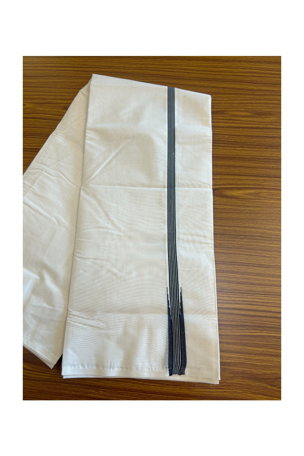 SHORT DHOTI SPECIAL! Kaitharikada.com - 19% DISCOUNT ! KaithariKada Balaramapuram 100%  COTTON DOUBLE OFF WHITE - (Unbleached) Mundu/Dhoti-100X100- 1 Inch Kara & 46 inches Height Puliyilakkara Black Striped Big Chutty  - 13KK5101ASH