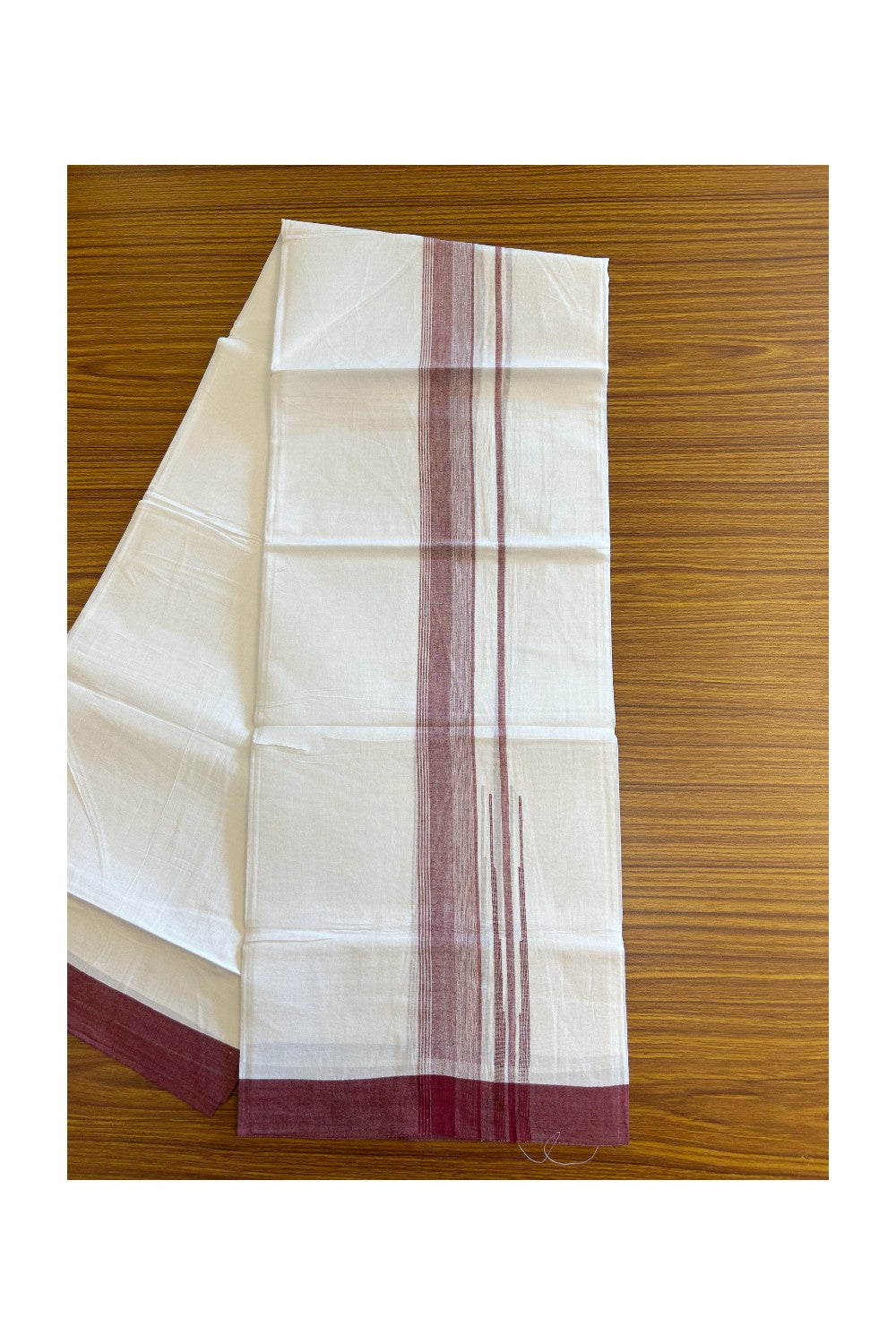 25% DISCOUNT!!! KaithariKada Balaramapuram 100% Cotton Double PURE white Mundu/Dhoti - 80X80 - 1.75 Inch Maroon & White shades Chutty kara - 13KK5108GAN