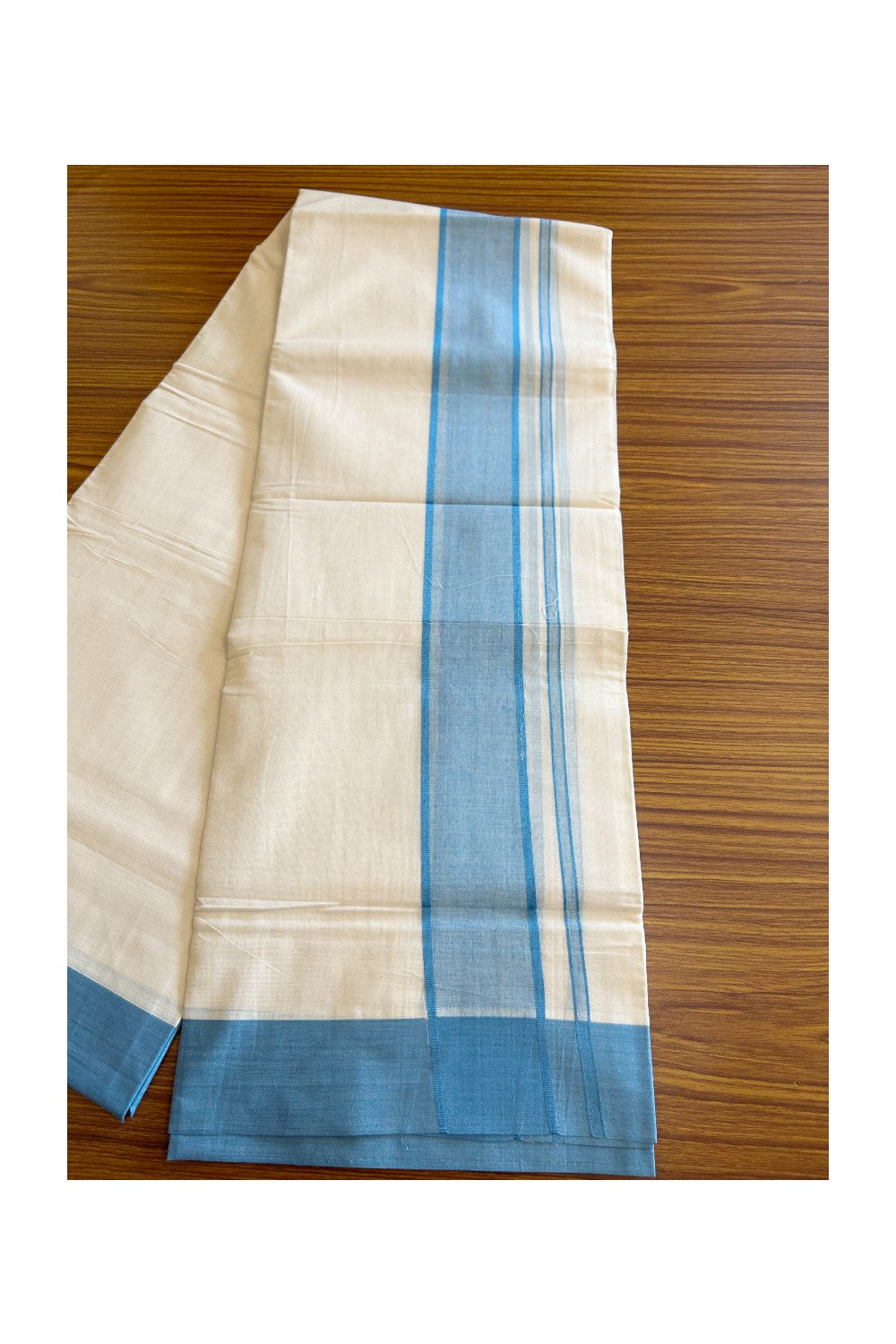 19% DISCOUNT! KaithariKada Balaramapuram 100% Cotton  Off white (Unbleached) Double Mundu/Dhoti-100x100 2.5inch Light Blue kara - 13KK5110THI